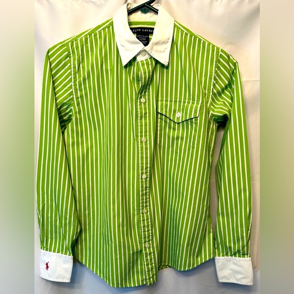VTG Ralph Lauren Women’s Button Down Lime Green White Stripe Size 6 Pink Logo - Picture 1 of 9